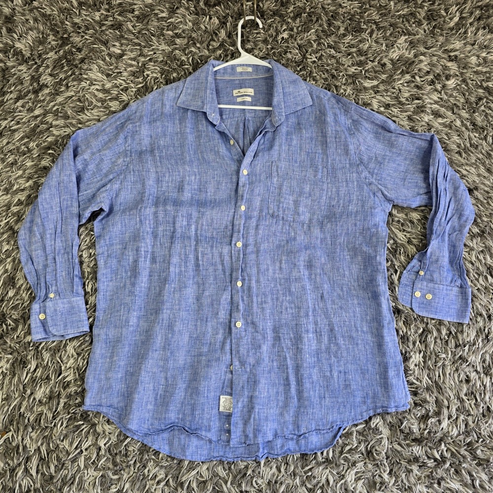 Peter Millar Crown Cool Blue 100% Linen Button Down Shirt Mens XL Long Sleeve